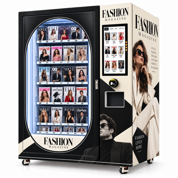 Black-and-Ivory Fashion Magazine Vending Cabinet — reference equipment view